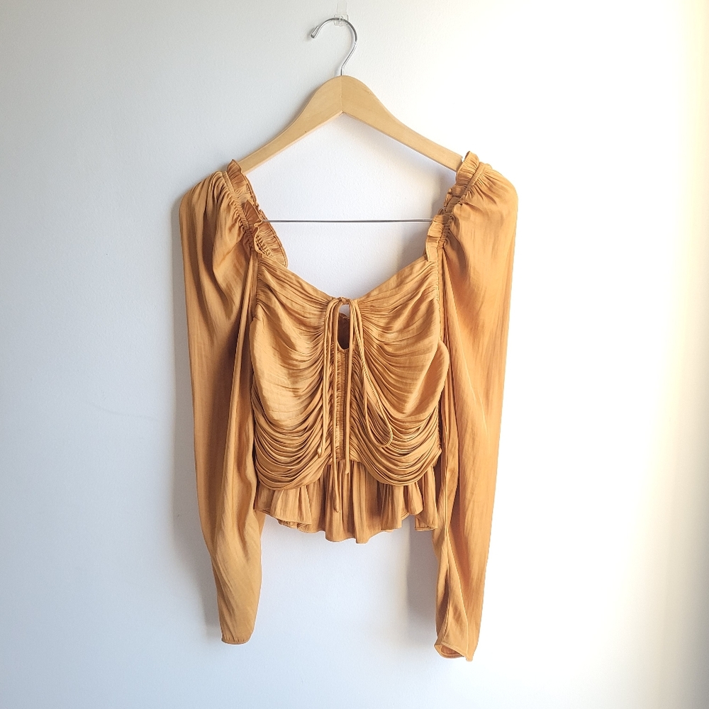NWT HOUSE OF HARLOW Satin Ruched Silky Poplin Top Gold  Small